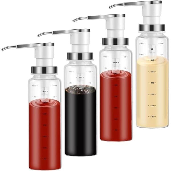 Sauce Dispenser - Olie en Saus Dispenser - Glas Fles met Pomp - 500ml Dispenser - RVS Pomp - Ketchup Dressing Dispenser - Druppelvrij - Voedsel Veilige Pomp - Keuken Accessoires - 4 Stuks