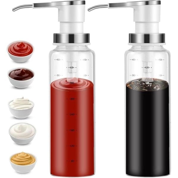 Sauce Dispenser - Olie en Saus Dispenser - Glas Fles met Pomp - 500ml Dispenser - RVS Pomp - Ketchup Dressing Dispenser - Druppelvrij - Voedsel Veilige Pomp - Keuken Accessoires - 2 Stuks