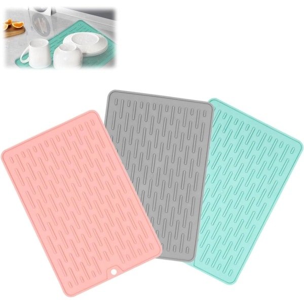 Servies Afdruipmat Set van 3 Stuks in Blauw, Grijs en Roze - 20 x 30 cm - Keuken Accessoires
