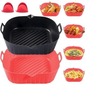 Siliconen Pot voor Airfryer 22 cm - Herbruikbare Anti-aanbaklaag Mat - Keuken Accessoires - Rood en Zwart