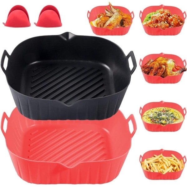 Siliconen Pot voor Airfryer 22 cm - Herbruikbare Anti-aanbaklaag Mat - Keuken Accessoires - Rood en Zwart
