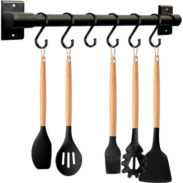 Smallboutique Zwarte aluminium gebruiksvoorwerpen houder,Keuken Rack Muur Gemonteerd,Keuken Rail Pan Hanger Met S Haken Voor Opknoping Keukengerei, Badkamer Gadget