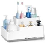 Tandenborstelhouder, badkamerorganizer verwijderbare antislip elektrische tandenborstelopslag met 6 compartimenten en afvoergaten voor badkamer, keuken en familie beige