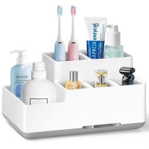 Tandenborstelhouder, badkamerorganizer verwijderbare antislip elektrische tandenborstelopslag met 6 compartimenten en afvoergaten voor badkamer, keuken en familie beige