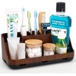 Tandenborstelhouder voor badkamerorganizer, elektrische tandenborstel- en tandpastahouder, 7 sleuven badkamerorganizer voor badkamer, keuken en gezin (bruine houtnerf)