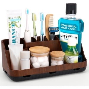 Tandenborstelhouder voor badkamerorganizer, elektrische tandenborstel- en tandpastahouder, 7 sleuven badkamerorganizer voor badkamer, keuken en gezin (bruine houtnerf)