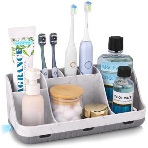 Tandenborstelhouder voor badkamerorganizer, elektrische tandenborstel- en tandpastahouder, 7 sleuven badkamerorganizer voor badkamer, keuken en gezin (marmergrijs)