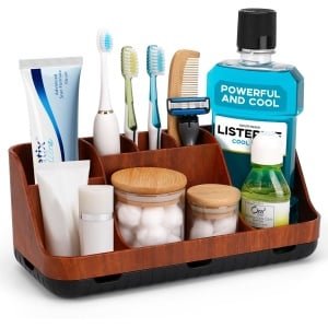 Tandenborstelhouder voor badkamerorganizer, elektrische tandenborstel- en tandpastahouder, 7 sleuven badkamerorganizer voor badkamer, keuken en gezin (rode houtnerf)