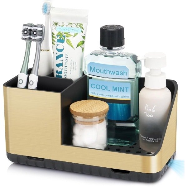 Tandenborstelhouder voor badkamerorganizer, elektrische tandenborstelhouder met afvoergat, uitneembare tandenborstelorganizer voor badkamer, keuken en gezin (geborsteld goud)