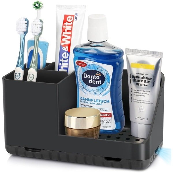 Tandenborstelhouder voor badkamerorganizer, elektrische tandenborstelhouder met afvoergat, uitneembare tandenborstelorganizer voor badkamer, keuken en gezin (zwart)