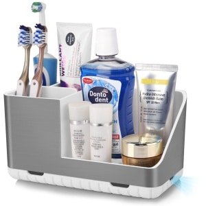 Tandenborstelhouder voor badkamerorganizer, elektrische tandenborstelhouder met afvoergat, verwijderbare tandenborstelorganisator voor badkamer, keuken en gezin (geborsteld zilver)