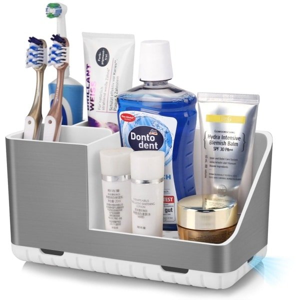 Tandenborstelhouder voor badkamerorganizer, elektrische tandenborstelhouder met afvoergat, verwijderbare tandenborstelorganisator voor badkamer, keuken en gezin (geborsteld zilver)