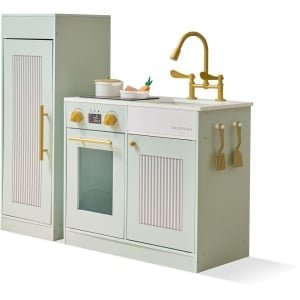 Teamson Kids Keuken Little Chef Chester groen met koelkast, fornuis, 12 accessoires, planken en haken, stimuleert samenwerking en creativiteit
