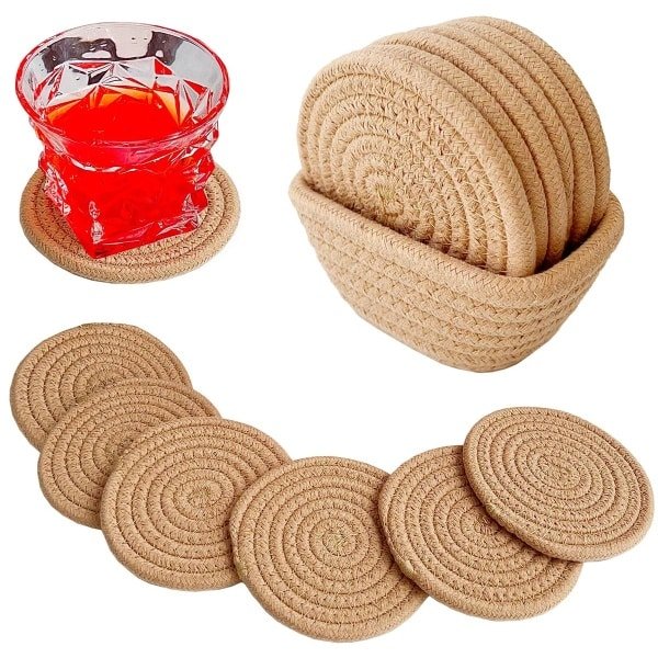 Valdivia Boho Onderzetters Glazen met Opbergmand, Handgemaakte Katoenen Onderzetters voor Dranken voor Eettafels, Bars, Keuken, Kantoor, Cafés, Minimalistische Appartementen Accessoires en Nieuw Huis Cadeau