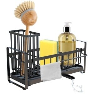 WATUNID Keuken Spoelbak Caddy, 304 RVS Sponshouder voor Keukenorganizer, Sponshouder Keuken met Verwijderbare Lekbak en Scheidingswanden, Mummiemand Keukengadgets Accessoires (Zwart)