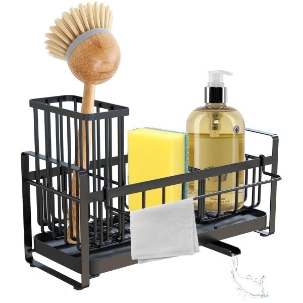 WATUNID Keuken Spoelbak Caddy, 304 RVS Sponshouder voor Keukenorganizer, Sponshouder Keuken met Verwijderbare Lekbak en Scheidingswanden, Mummiemand Keukengadgets Accessoires (Zwart)