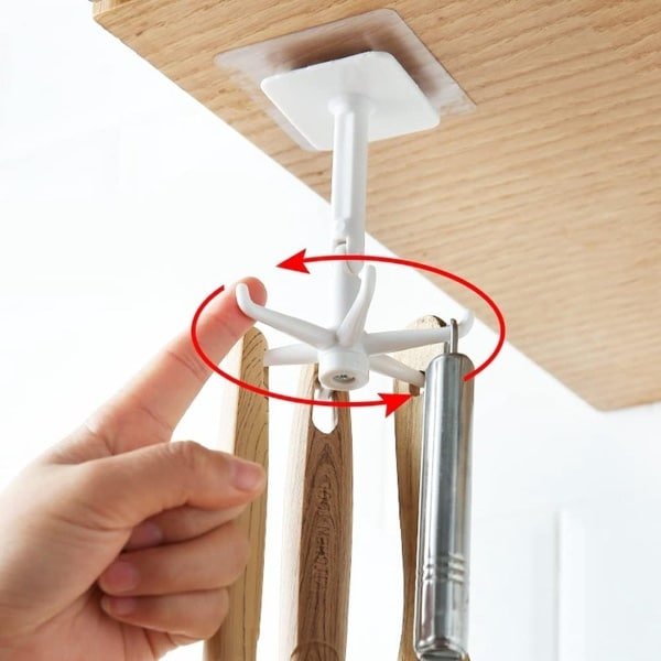 Waledano® Zelfklevende Ophanghaak - Handdoekhouder - Opbergrek Voor Keuken - Keuken Organizer 6 Haken - Badkamer - 360° Draaibare Haak - 1 Stuks