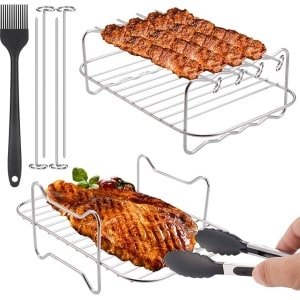 4 stuks Airfryer Rack Set Compatibel met Ninja Dual Air Fryer, Dual Air Fryer Accessoires Inclusief 4 Spiesjes + 1 Olie Borstel + 1 Keuken Tang voor Barbecue, Roosteren Oven, Airfryer