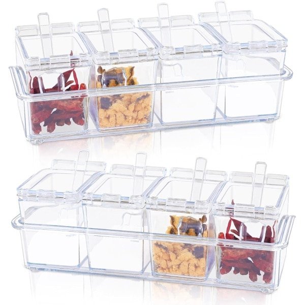 8 Stuks Transparante Kruidenset - Kunststof Potjes met Deksel en Lepel voor Specerijen en Thee - Keuken Accessoire