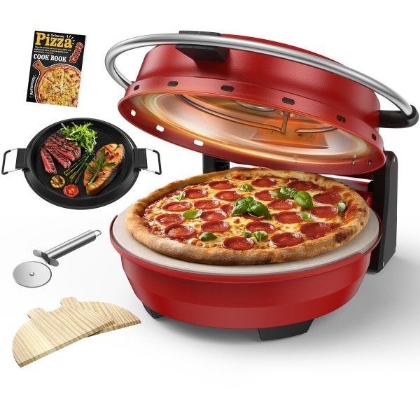 AIRMSEN 2-in-1 Elektrische Pizzaoven met Grillplaat thuis - 4 Min Pizza - 5 Temperatuurniveaus - 32cm Pizzasteen - Max 400°C - 1500W - Rood - Voor Thuis & Keuken