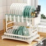 Afdruiprek 2 niveaus koolstofstaal automatische afwatering - bekerhouder snijplankhouder - FRASHENG afdruipplank - keuken accessoires dish drying rack