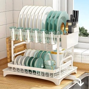 Afdruiprek 2 niveaus koolstofstaal automatische afwatering - bekerhouder snijplankhouder - FRASHENG afdruipplank - keuken accessoires dish drying rack