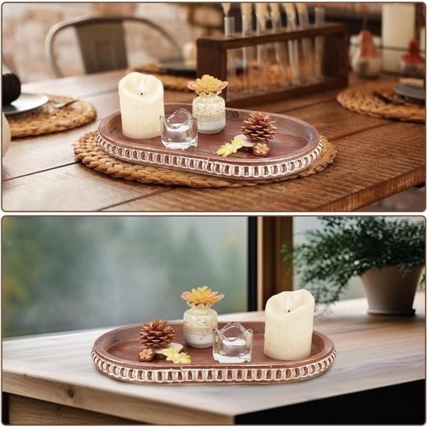 Allecto- Decoratieve Dienblad Houten Opslag Trays - Ovale Dienblad Zadel - Bruin - Peper Molen Houder - Cosmetica Sieraden Organizer - Voor Keuken Salontafel Accessoires.
