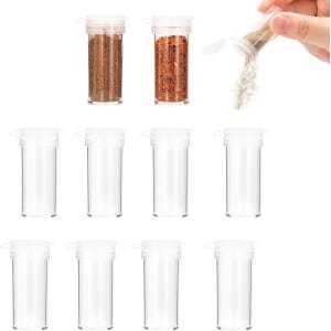 Allecto Plus - Kruidenpotjes set van 10 stuks voor camping keuken - mini-kruidendispenser met deksel - reiszout en peperstrooierset - transparante kunststof zoutvaatjes - grill accessoire