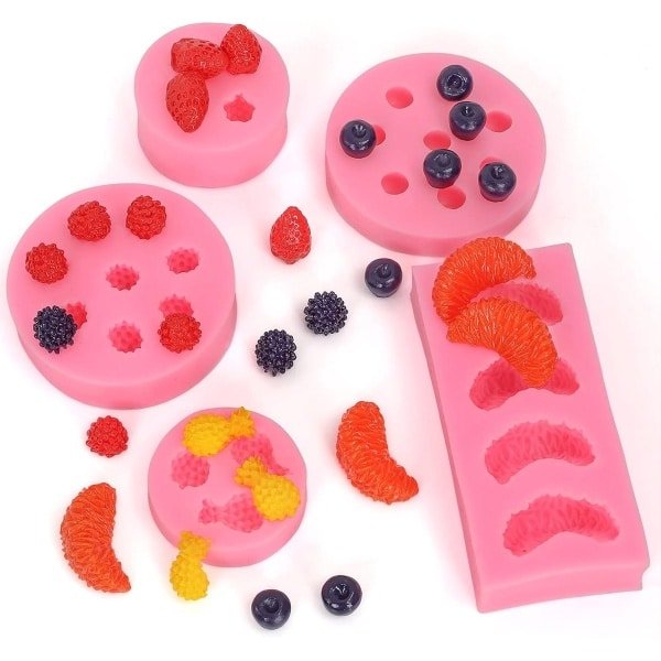 Allecto- Siliconen Mallen Set - 3D Vruchten - 5 Stuks - Geschikt voor Snoep, Chocolade, Fondant - Cupcake Decoratie - Ananas, Sinaasappel, Aardbei, Blauwe Bes, Moerbei - Keuken Accessoires