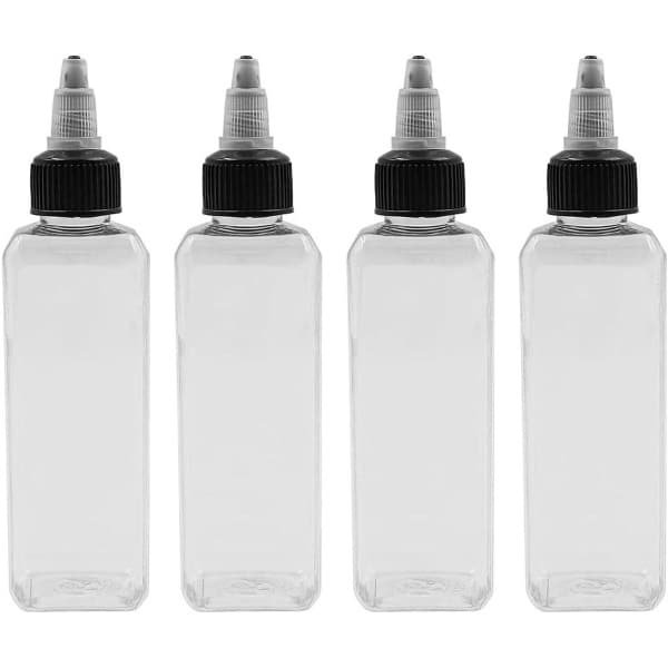 Allecto- Universele Oliedispenser - Keuken Accessoire - Set van 4 - Transparant - Plastic - Olie Sojasaus Azijn - Geschikt voor Koken - Compact Model - 4 stuks 100 ml dispensers voor Olie - Handige Doppen