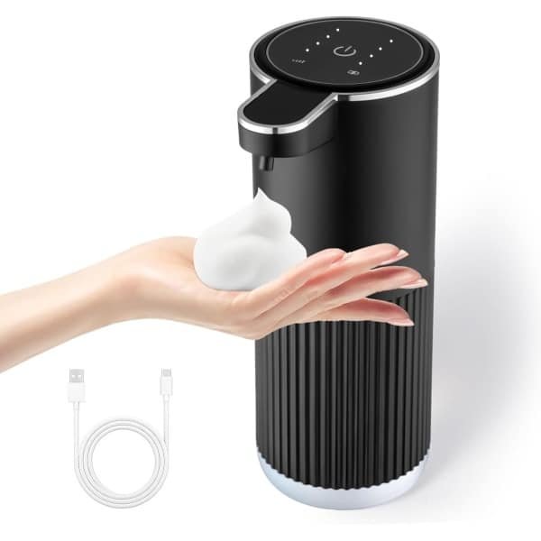 Automatische schuimende zeepdispenser, 4-traps verstelbare elektrische zeepdispenser met schuim voor de hand, USB opladen contactloos badkamer blad, keuken, 13,5 oz., wandbevestiging zwart