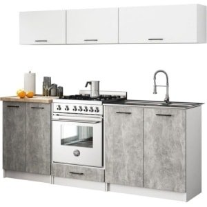 BDW - Keukenblok zonder elektrische apparatuur - Minikeuken 200 cm breed - Keuken compleet: onderkasten & bovenkasten - 200x74x46 cm - Keukenkasten wit/beton