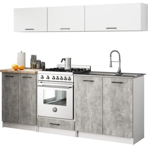 BDW - Keukenblok zonder elektrische apparatuur - Minikeuken 200 cm breed - Keuken compleet: onderkasten & bovenkasten - 200x74x46 cm - Keukenkasten wit/beton