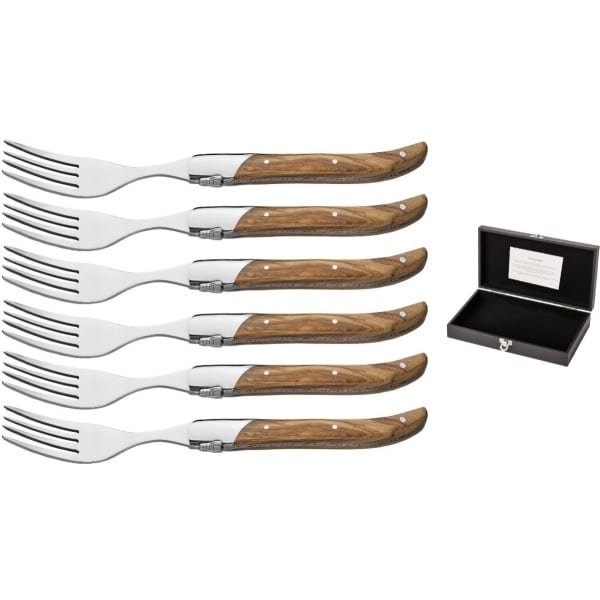 Blackwell Steakvorken Laguiole - 6 Stuks - Steakvorken voor luxe diners - Handvat van olijfhout - Roestvrij staal - 220 x 25 x 25 mm - Bestek - Keuken accessoires - Geschenkverpakking