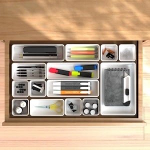 Candala 25 stuks ladeorganizerset, kunststof opberglade-organizer, ladeverdelers, verstelbaar en uitbreidbaar, containerlade voor keukengerei, cosmetica, make-up, gadgets, wit, 4 maten - 25 stuks