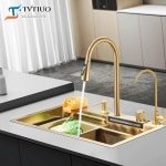 Cascade Color Gold Enkele wastafel 68 x 45 cm van nano-roestvrij staal met uittrekbare waterkraan goud complete set met accessoires, multifunctionele werkplek voor de keuken mode