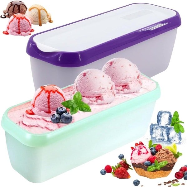 Container Set van 2 - Herbruikbare Opbergdozen voor IJs met Siliconen Deksel - Vriesbestendig en BPA-vrij voor Huisgemaakt IJs - Keuken Accessoires (Groen + Paars)