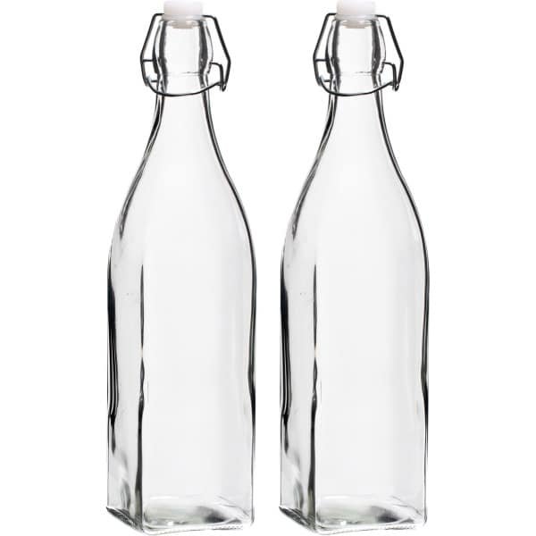 Cookinglife Beugelflessen Vierkant - 1 Liter - 2 Stuks - Luchtdichte sluiting voor smaakbehoud - Milieuvriendelijk zonder BPA - Transparant glas - 80 x 320 mm - Glaswerk - Keuken accessoires