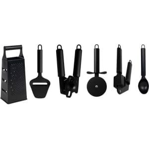 Cookinglife Keukengerei Set Zwart - 6-delig - Torenrasp, Knoflookpers, Blikopener - Keukentools voor dagelijks gebruik - Duurzaam RVS met zwarte afwerking - Compact en praktisch - 6 x 20 x 10 cm - Keukengerei - Keuken accessoires