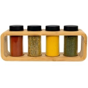Cookinglife Kruidenrek Bamboe 4-Delig - Kruidenrek met glazen potjes - Organiseer je specerijen stijlvol - Natuurvriendelijk bamboe - Compact design - Bamboe en glas - 250 x 67 x 85 mm - Keukengerei - Keuken accessoires