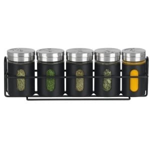 Cookinglife Kruidenrek Zwart 5-Delig - Met kruidenstrooiers 80 ml - Organiseer je kruiden stijlvol - Compact design voor moderne keukens - Glas en RVS - 315 x 65 x 95 mm - Keukengerei - Keuken accessoires