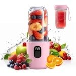 Draagbare blender van 500 ml met digitaal display, draagbare sapcentrifuge, elektrische sapcentrifuge met 16 messen en USB-aansluiting voor smoothies, geschikt voor gebruik in de keuken, op reis en in de sportschool, roze