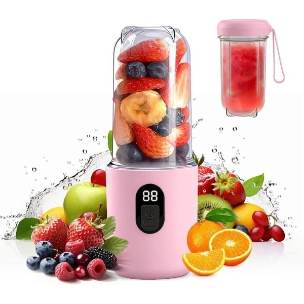 Draagbare blender van 500 ml met digitaal display, draagbare sapcentrifuge, elektrische sapcentrifuge met 16 messen en USB-aansluiting voor smoothies, geschikt voor gebruik in de keuken, op reis en in de sportschool, roze