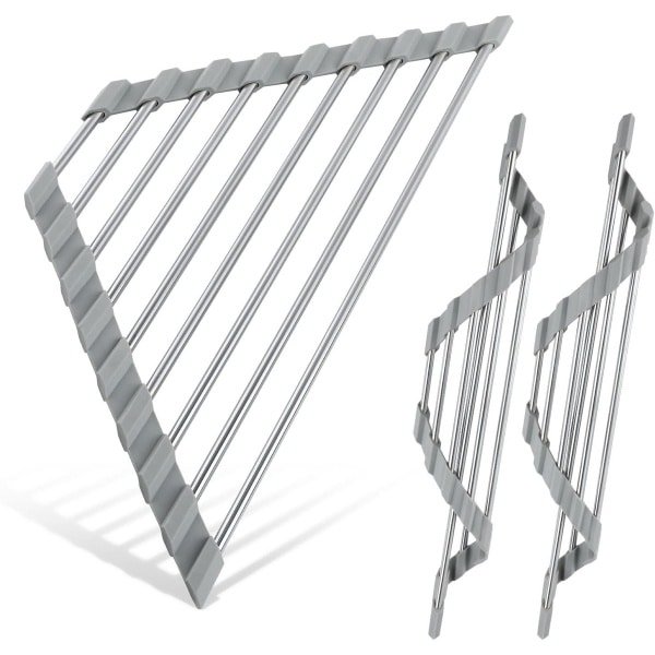 Driehoekige Oprolbare Schoteldroogrekken - Opvouwbaar Roestvrij Staal - Hoekopbergrek - Gootsteen Organisator - Afdruiprek voor Gootsteen - Caddy - 3 Stuks - Keuken Accessoires