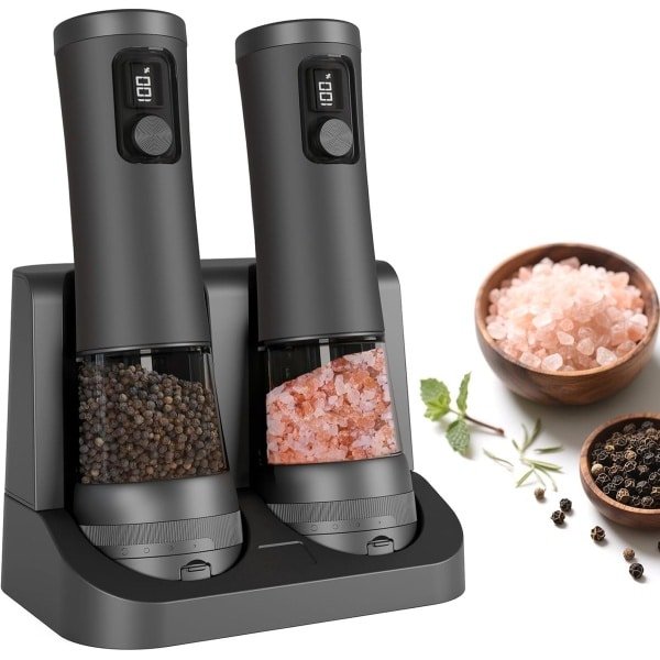 Dubbele patroon elektrische peper peper grinder USB oplaadstation roestvrij staal voormalige moderne keuken grinder tool zwart met ruwe wijzerplaat