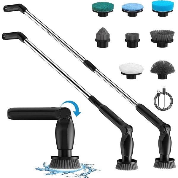 Elektrische Reinigingsborstel Leebein 2023 Draadloos- Lange Steel- 8 Opzetborstels- 2 Snelheden- Douche Scrubber- Badkamer Vloer Tegel Keuken Reinigingsmachine