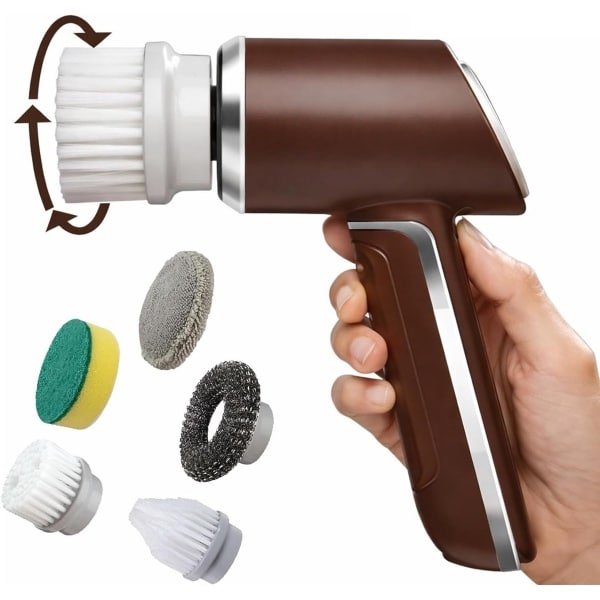 Elektrische Schoonmaakborstel - Elektrische Scrubber - Draadloze Elektrische Reinigingsborstel - Met Roterende Beweging - 2000 Mah Accu En 5 Borstelkoppen - Krachtige Reinigingsborstels Voor Badkamer, Keuken, Auto En Voegen Tussen Tegels - Bruin