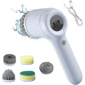 Elektrische Schoonmaakborstel - Elektrische Scrubber - Elektrische Afwasborstel - Met 5 Opzetborstels - Voor Het Reinigen Van Badkuip, Tegels, Gootsteen, Vaat, Ramen En Keuken (Lichtgrijs)