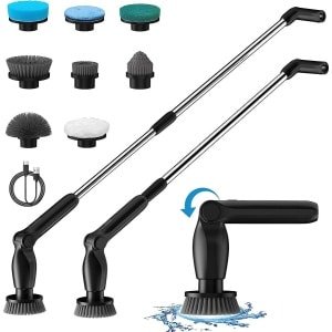 Elektrische Schoonmaakborstel, Leebein 2023 Draadloze Reinigingsborstel met Lange Steel en 8 Vervangbare Opzetborstels, 2 Roterende Snelheid Douche Scrubber voor Badkamer Bad, Vloer, Tegel, Keuken