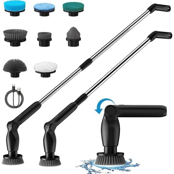 Elektrische Schoonmaakborstel, Leebein 2023 Draadloze Reinigingsborstel met Lange Steel en 8 Vervangbare Opzetborstels, 2 Roterende Snelheid Douche Scrubber voor Badkamer Bad, Vloer, Tegel, Keuken